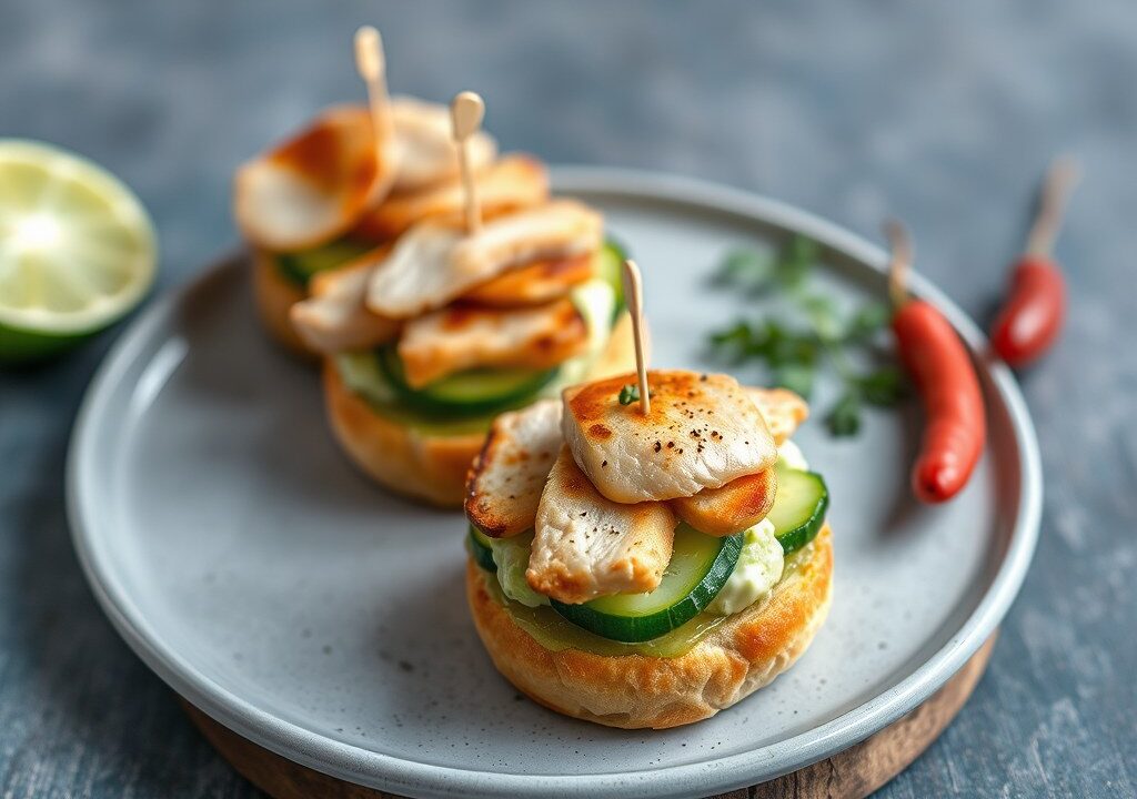 Kleine ‘clubsandwiches’ met avocadoroom en gerookte kip — AI-gegenereerde illustratie
