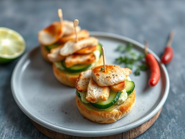 Kleine ‘clubsandwiches’ met avocadoroom en gerookte kip — AI-gegenereerde illustratie