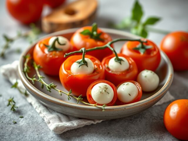 Kleine gare tomaatjes met mozzarellabolletjes — AI-gegenereerde illustratie