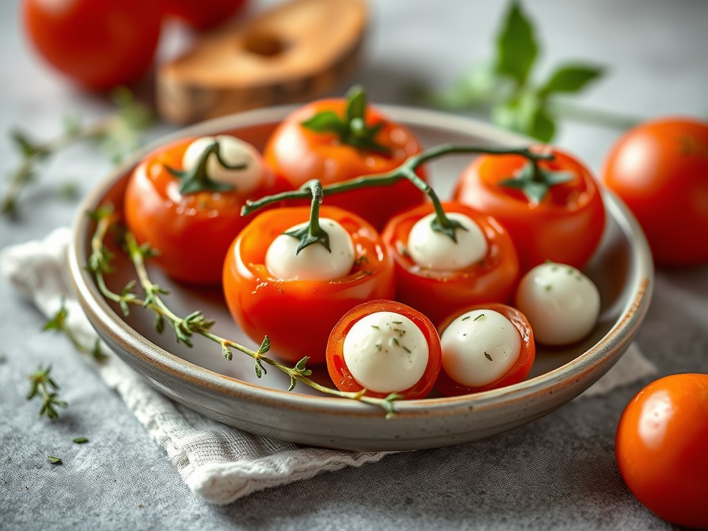 Kleine gare tomaatjes met mozzarellabolletjes, AI-gegenereerde illustratie