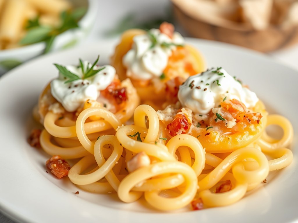Kleine pastaschotels met taleggio en parmaham, AI-gegenereerde illustratie
