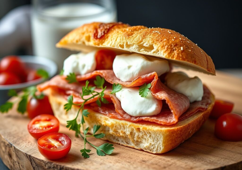 Knapperig broodje pastrami met kruidenricotta, AI-gegenereerde illustratie
