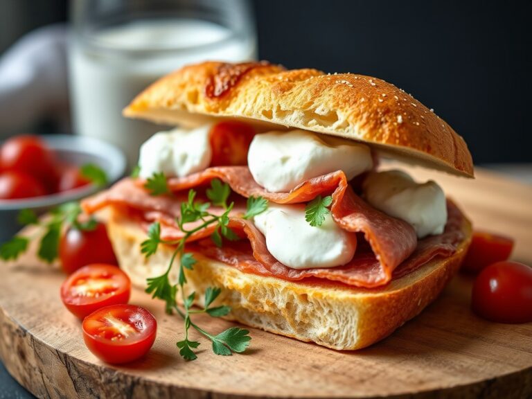 Knapperig broodje pastrami met kruidenricotta — AI-gegenereerde illustratie