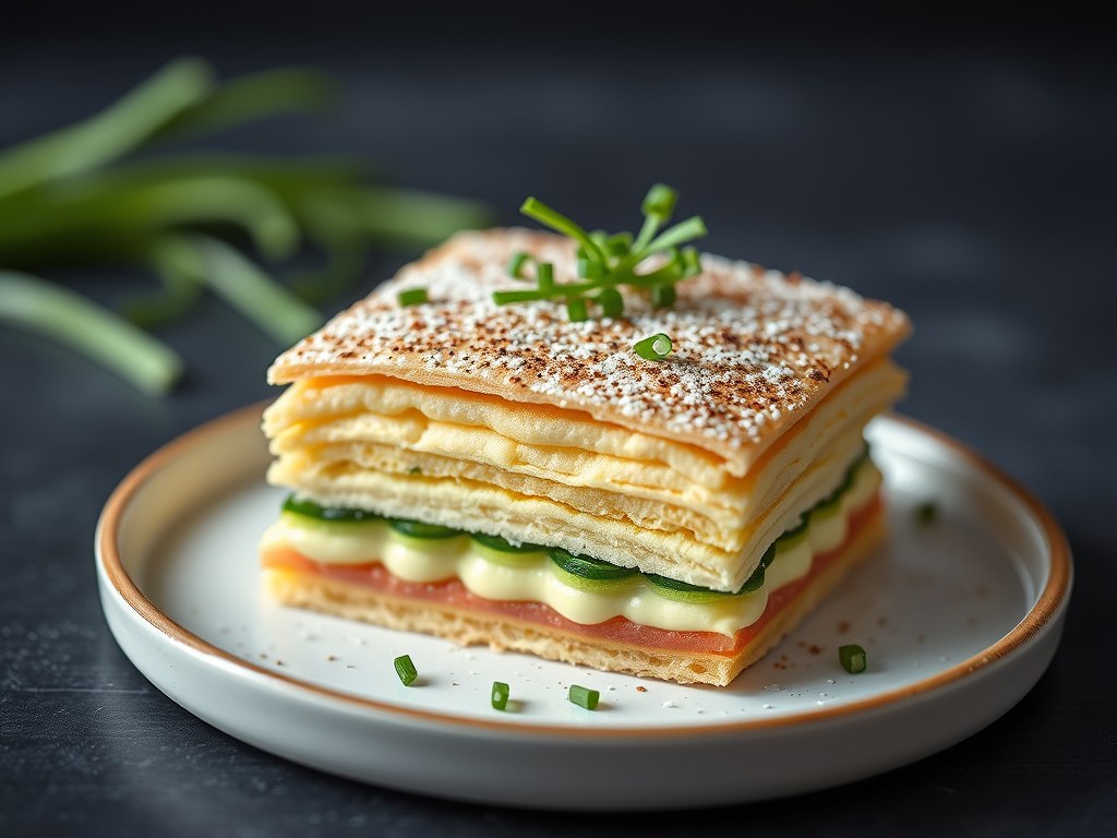 Knapperige millefeuille van jonge scheuten, AI-gegenereerde illustratie