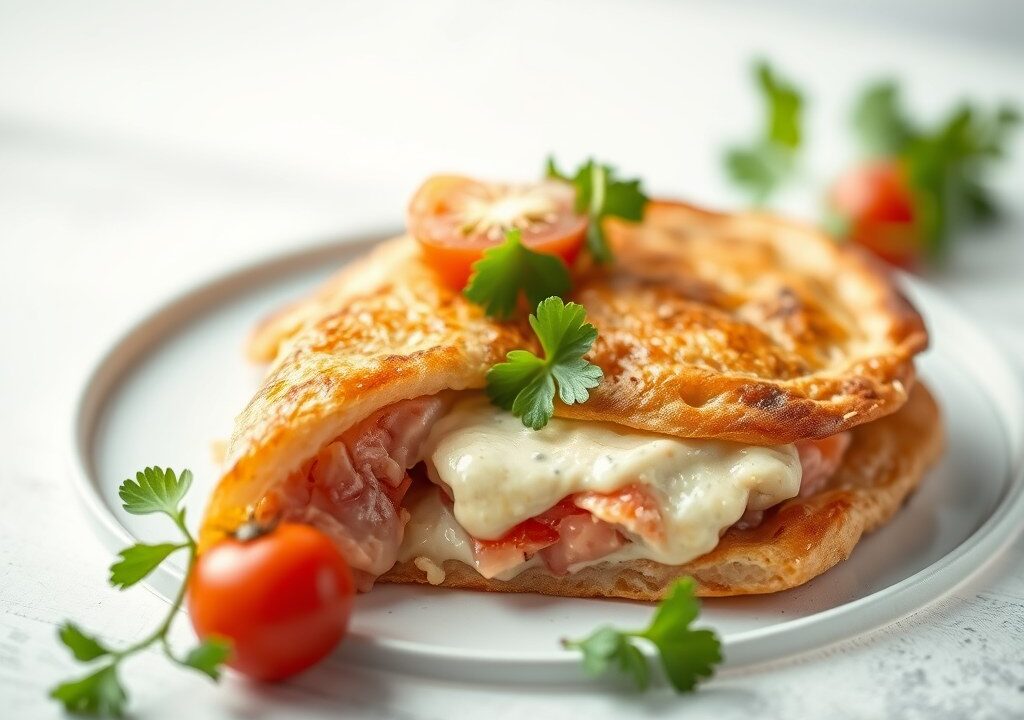 Knapperige pannenkoek met kokosmelk, gevuld met zalm, venkel en sla — AI-gegenereerde illustratie