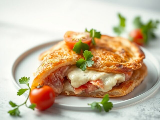 Knapperige pannenkoek met kokosmelk, gevuld met zalm, venkel en sla — AI-gegenereerde illustratie