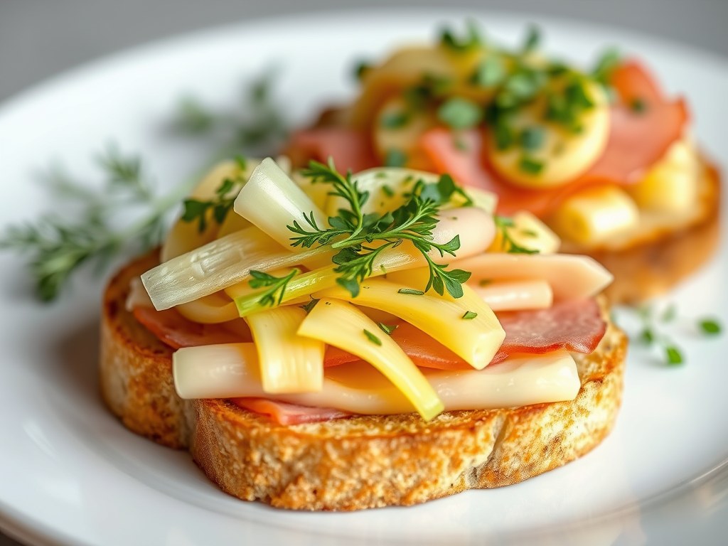 Knapperige venkel op toast met Brugge goud kaas, AI-gegenereerde illustratie