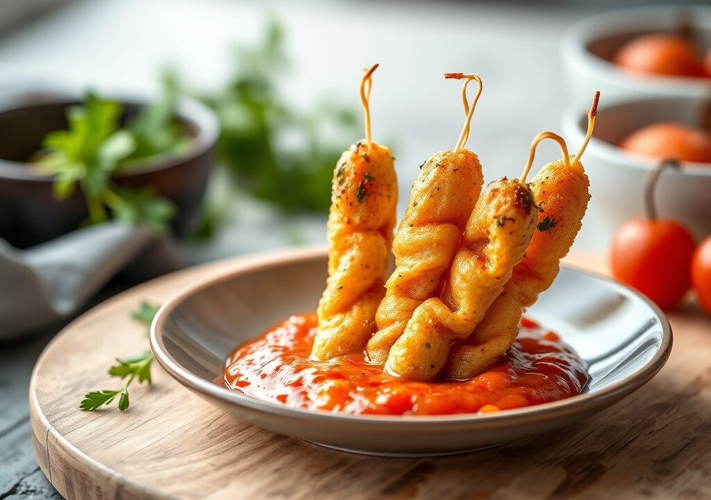 Knapperige vissticks met garnalensaus — AI-gegenereerde illustratie