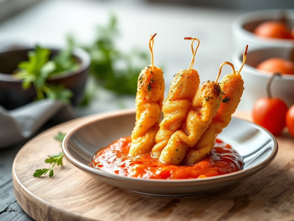 Knapperige vissticks met garnalensaus, AI-gegenereerde illustratie