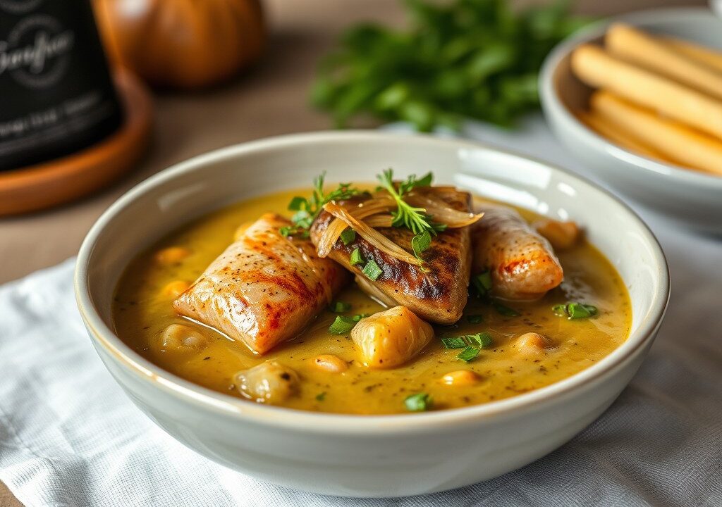 Knolseldersoep met gerookte forel en mierikswortelroom — AI-gegenereerde illustratie