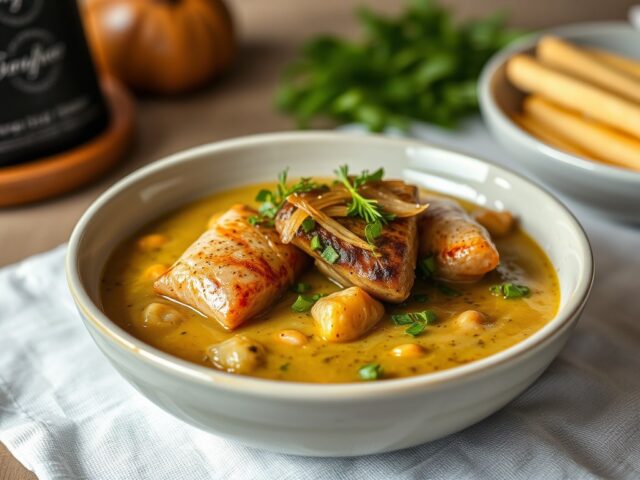 Knolseldersoep met gerookte forel en mierikswortelroom — AI-gegenereerde illustratie
