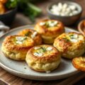 Koekjes van courgette en ricotta, krulsla en gebakken aardappelen