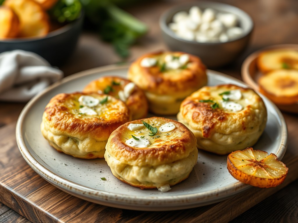 Koekjes van courgette en ricotta, krulsla en gebakken aardappelen, AI-gegenereerde illustratie