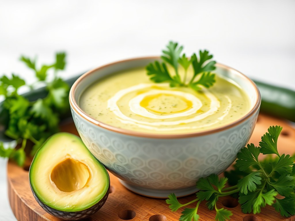 Komkommer-avocadosoep, AI-gegenereerde illustratie