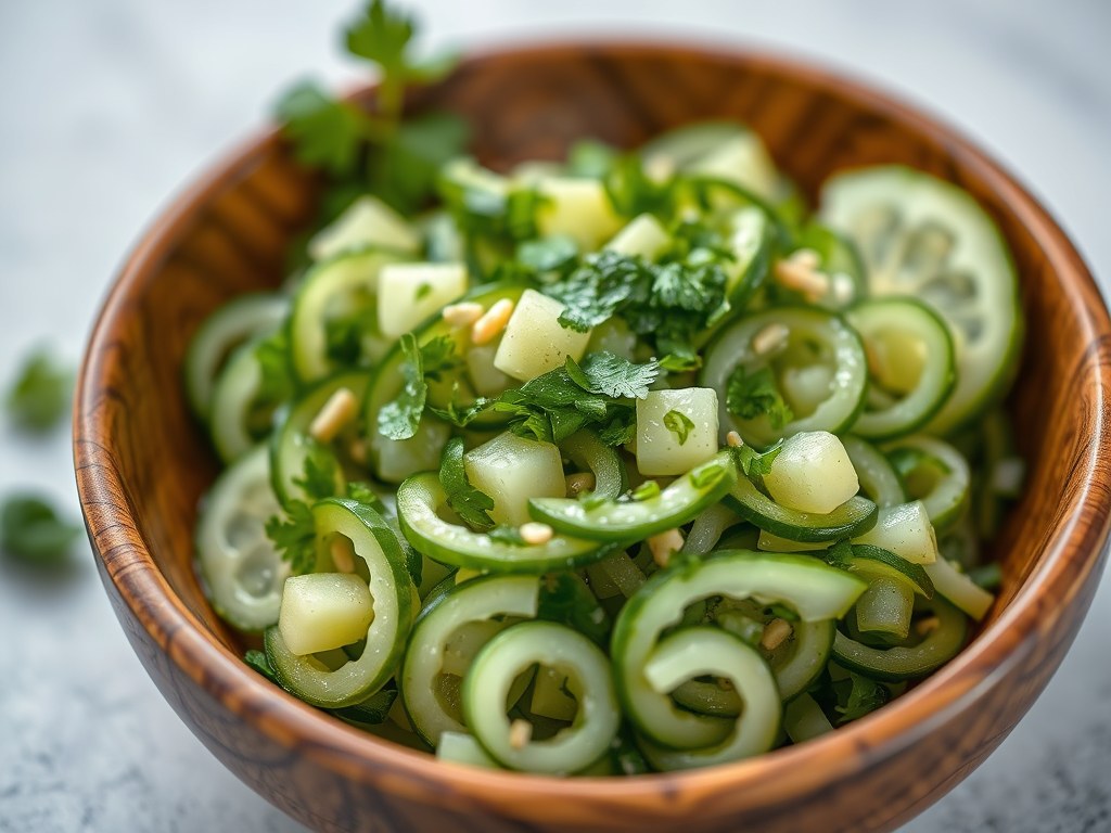 Komkommer koriander salade, AI-gegenereerde illustratie