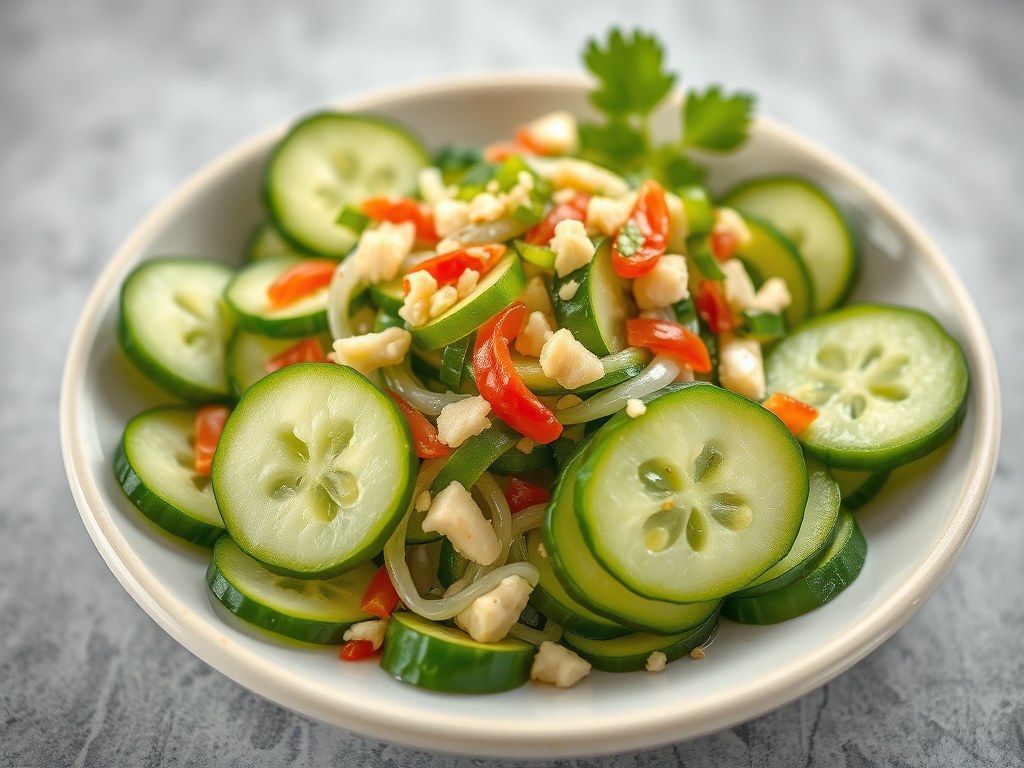 Komkommer salade met Pinda’s, AI-gegenereerde illustratie