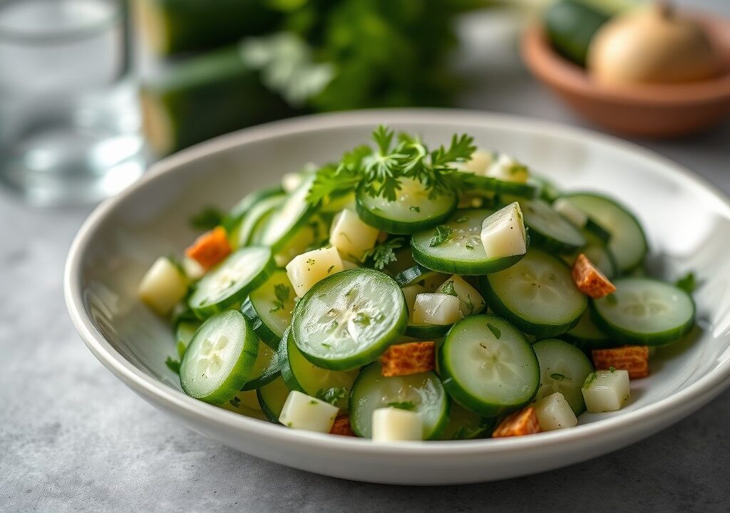 Komkommersalade met dille, knoflook, koriander en bosuitjes — AI-gegenereerde illustratie