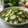 Komkommersalade met dille, knoflook, koriander en bosuitjes