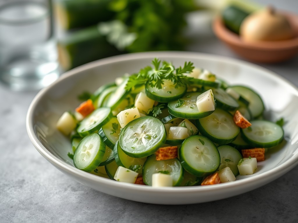 Komkommersalade met dille, knoflook, koriander en bosuitjes, AI-gegenereerde illustratie