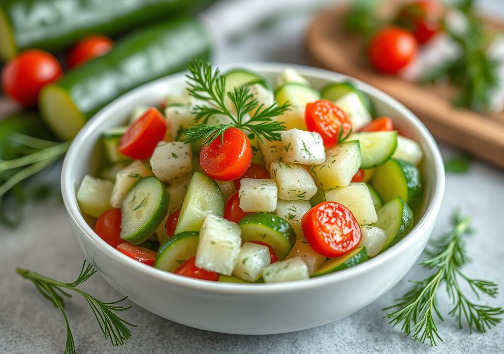 Komkommersalade op Hongaarse wijze (Uborka salata ) — AI-gegenereerde illustratie