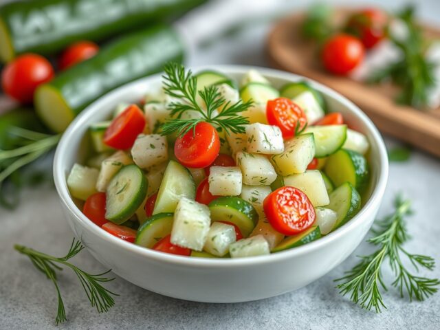Komkommersalade op Hongaarse wijze (Uborka salata ) — AI-gegenereerde illustratie