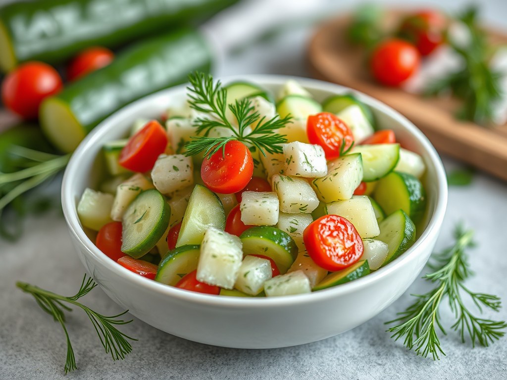 Komkommersalade op Hongaarse wijze (Uborka salata ), AI-gegenereerde illustratie