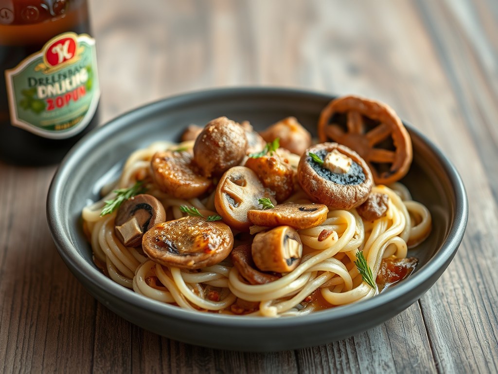 Konijn met mosterd en champignons, AI-gegenereerde illustratie