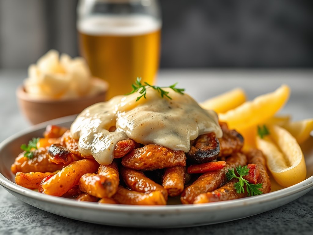 Konijnenrug met witloof en een biersausje, AI-gegenereerde illustratie