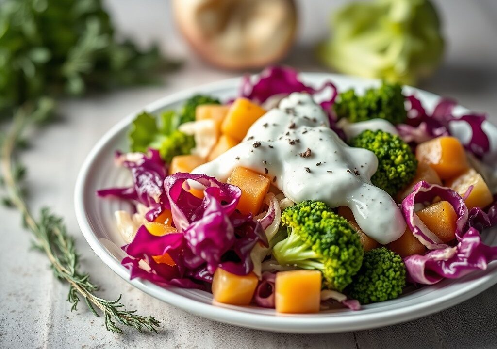 Koolsla en Appelsticks met een Yoghurt Dressing — AI-gegenereerde illustratie