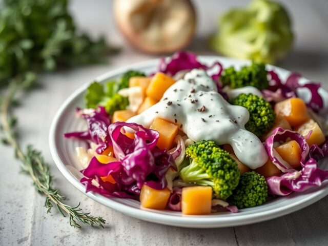 Koolsla en Appelsticks met een Yoghurt Dressing — AI-gegenereerde illustratie