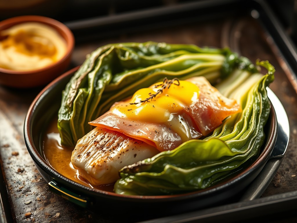 Koolvis in de oven met gedroogde ham met mosterdsaus, AI-gegenereerde illustratie