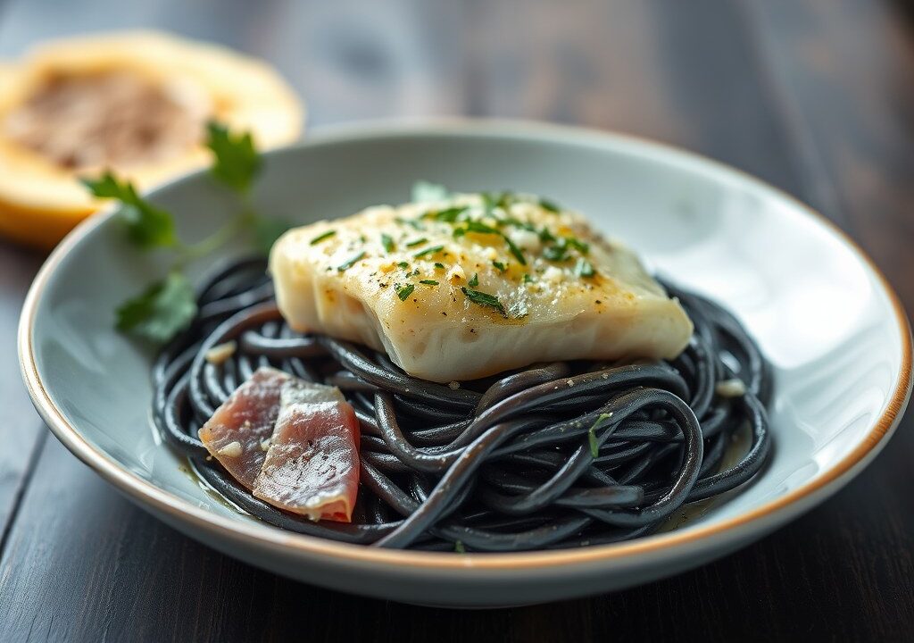 Koolvis in een jasje van gedroogde ham met zwarte pasta — AI-gegenereerde illustratie