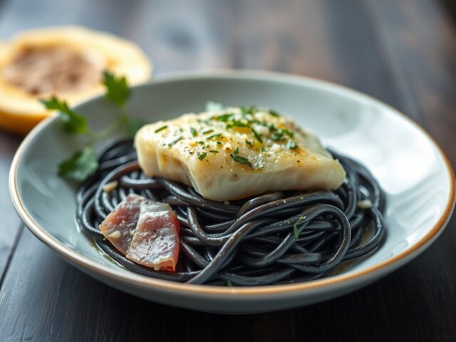 Koolvis in een jasje van gedroogde ham met zwarte pasta — AI-gegenereerde illustratie