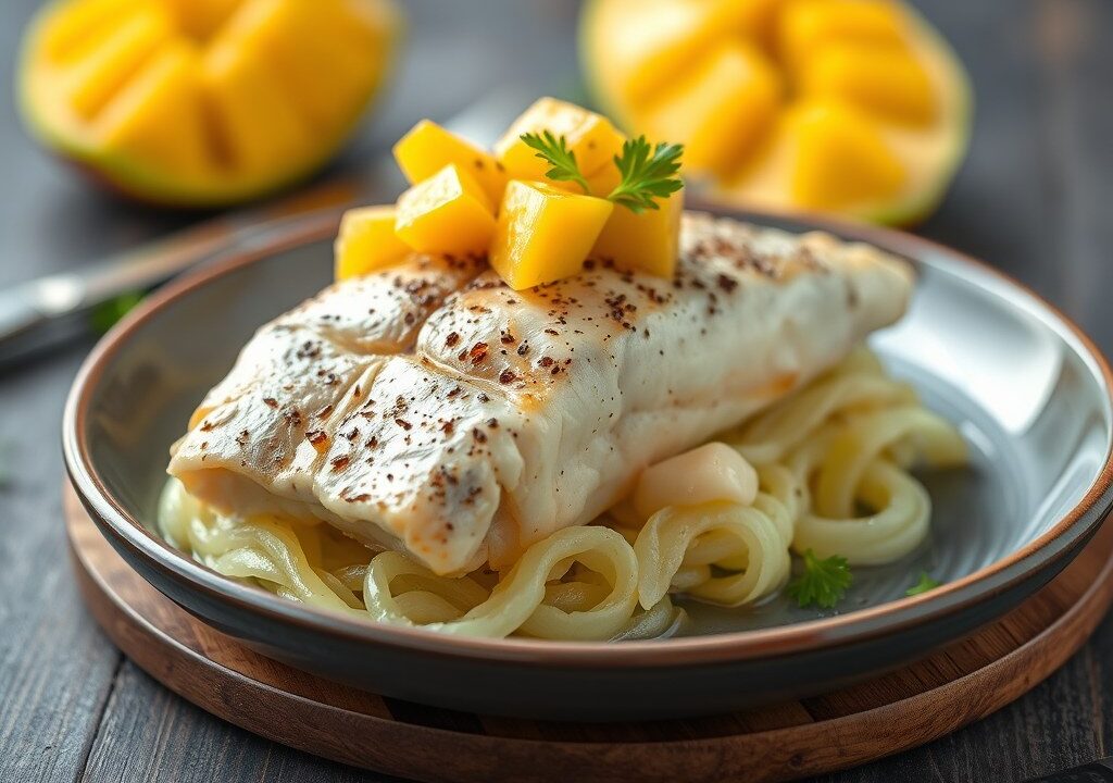 Koolvis in kerriekorstje met mango — AI-gegenereerde illustratie