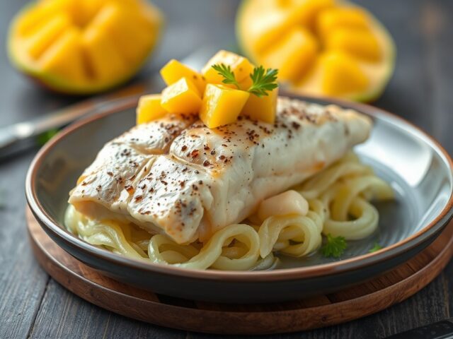 Koolvis in kerriekorstje met mango — AI-gegenereerde illustratie