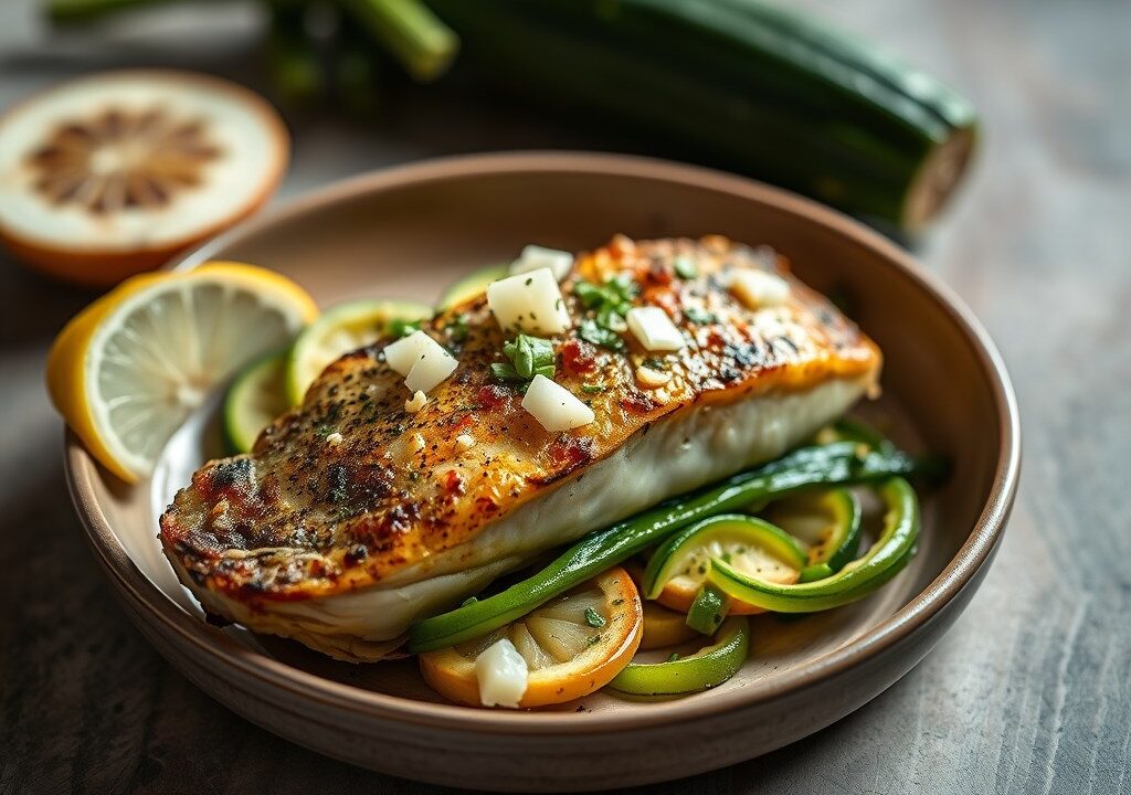 Koolvis met courgette en prei, AI-gegenereerde illustratie