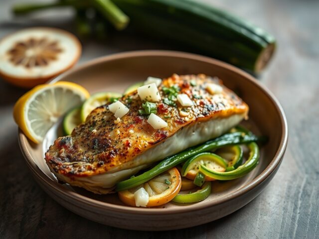 Koolvis met courgette en prei — AI-gegenereerde illustratie