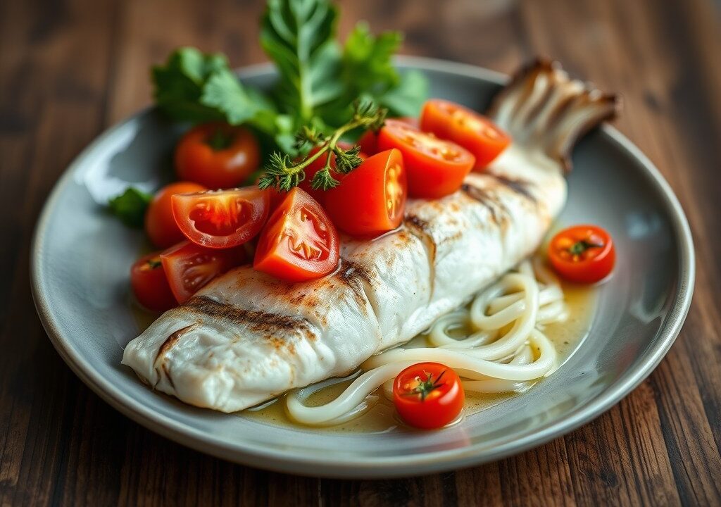 Koolvis met gekonfijte tomaten, AI-gegenereerde illustratie