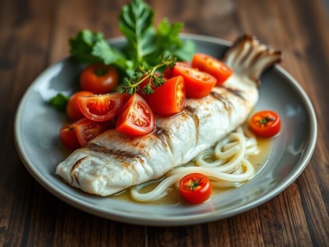 Koolvis met gekonfijte tomaten — AI-gegenereerde illustratie