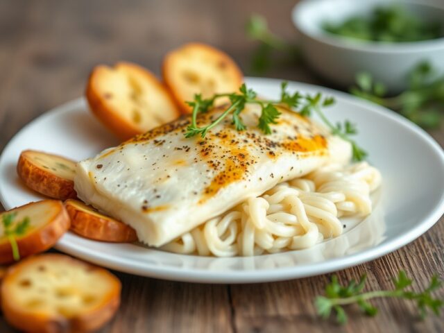 Koolvis-vinken met aardappel krieltjes — AI-gegenereerde illustratie