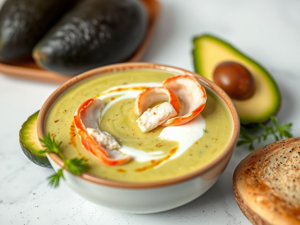 Koude Avocado Soep met Krab, AI-gegenereerde illustratie