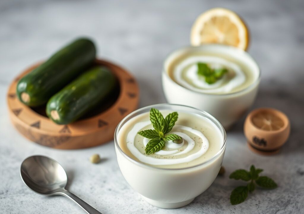 Koude komkommersoep met pistachenoten en munt — AI-gegenereerde illustratie