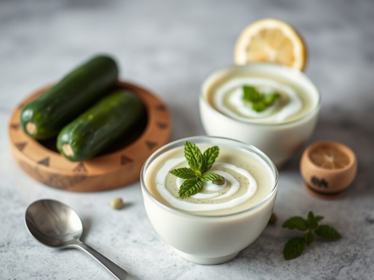 Koude komkommersoep met pistachenoten en munt — AI-gegenereerde illustratie