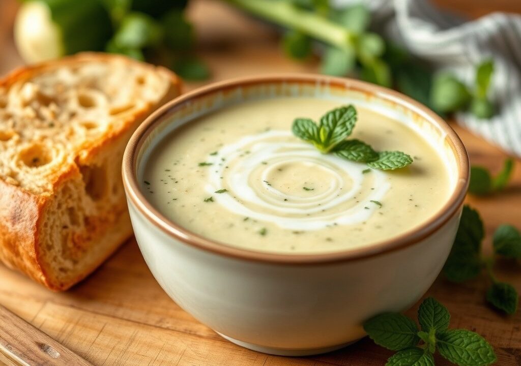 Koude roomsoep van courgette en munt — AI-gegenereerde illustratie