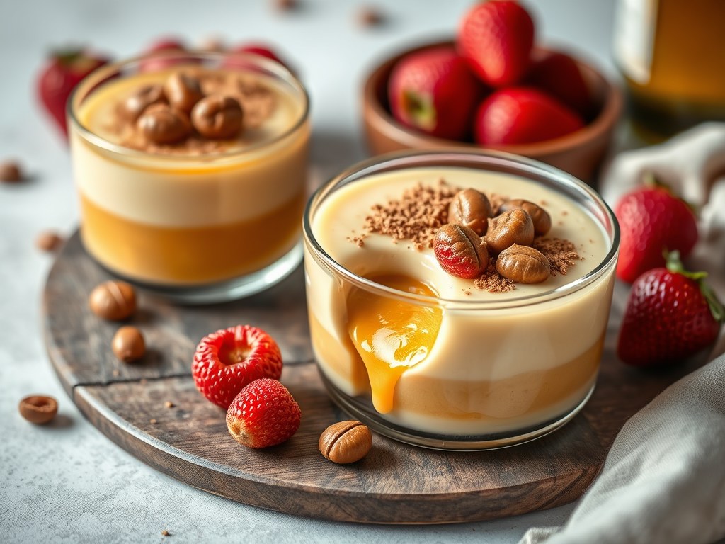 Koude sabayon met Sauternes en gekarameliseerde hazelnoten, AI-gegenereerde illustratie