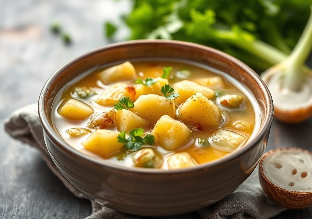 Koude soep van aardappelen, sla en zuring — AI-gegenereerde illustratie