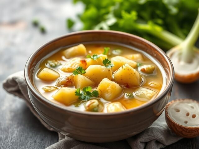Koude soep van aardappelen, sla en zuring — AI-gegenereerde illustratie