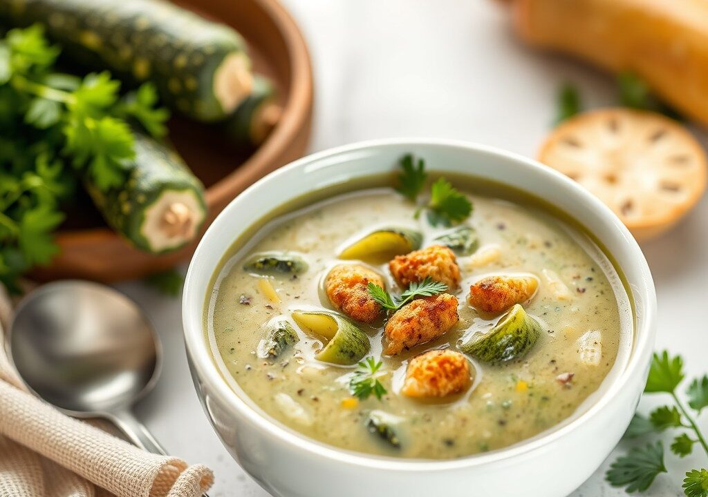 Koude soep van courgettes en gebakken asperges — AI-gegenereerde illustratie