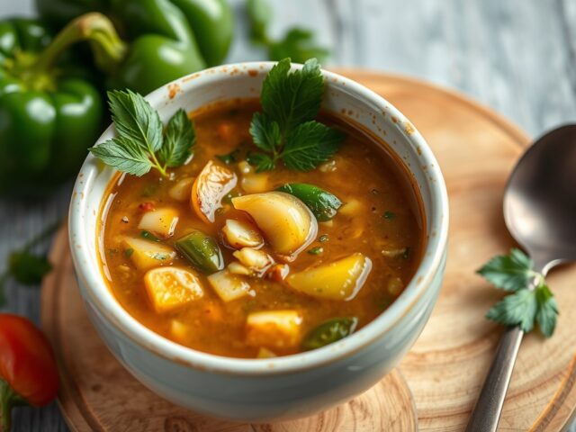 Koude soep van geroosterde groene paprika’s — AI-gegenereerde illustratie