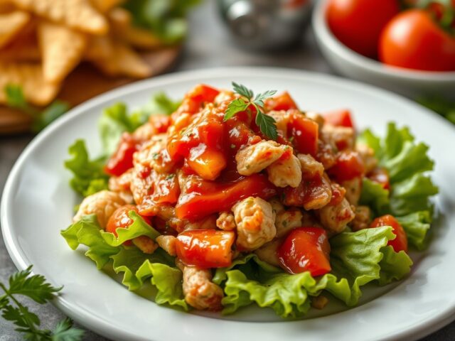 Krabsalade met groene sla en pittige gedroogde tomatensaus — AI-gegenereerde illustratie